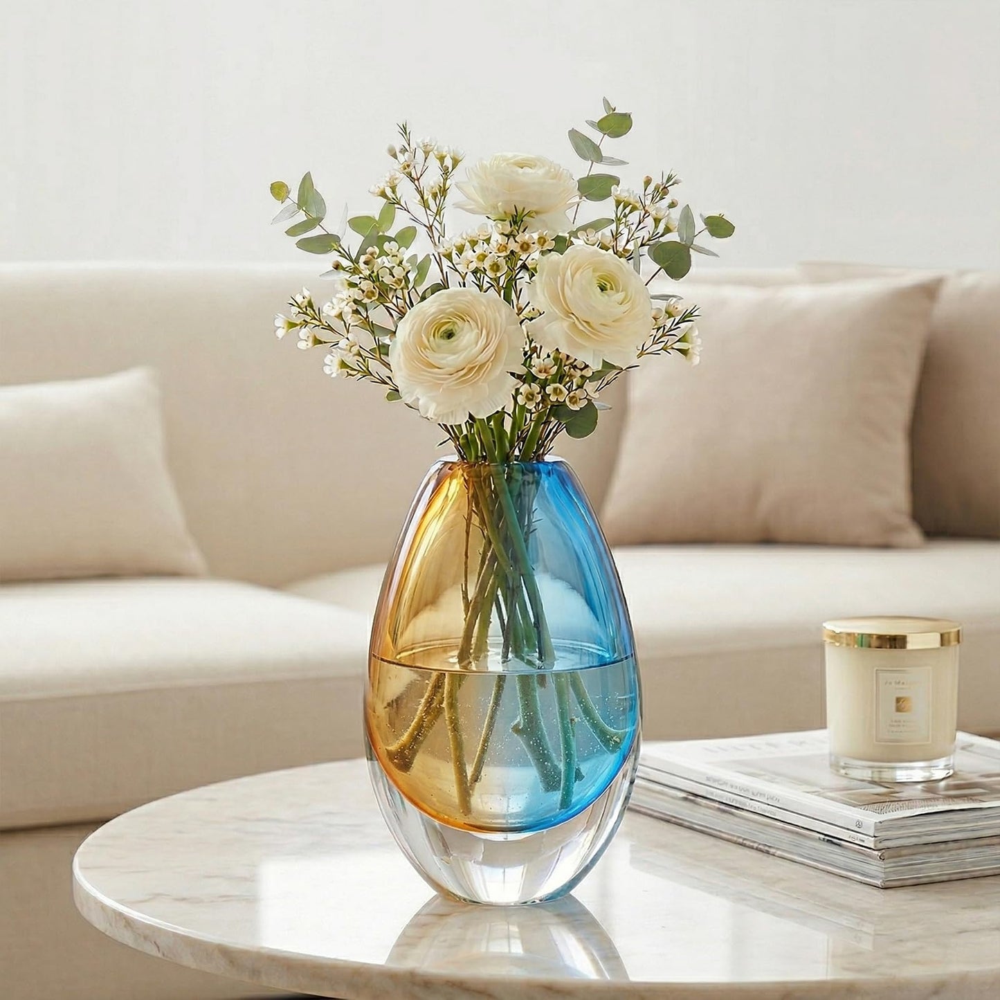 Hand Blown Art Glass Vase, Murano Inspired vase, Amber Blue Decorative Accent with Oval Silhouette for Dining Table, Entryway, Shelf or Mantel Display