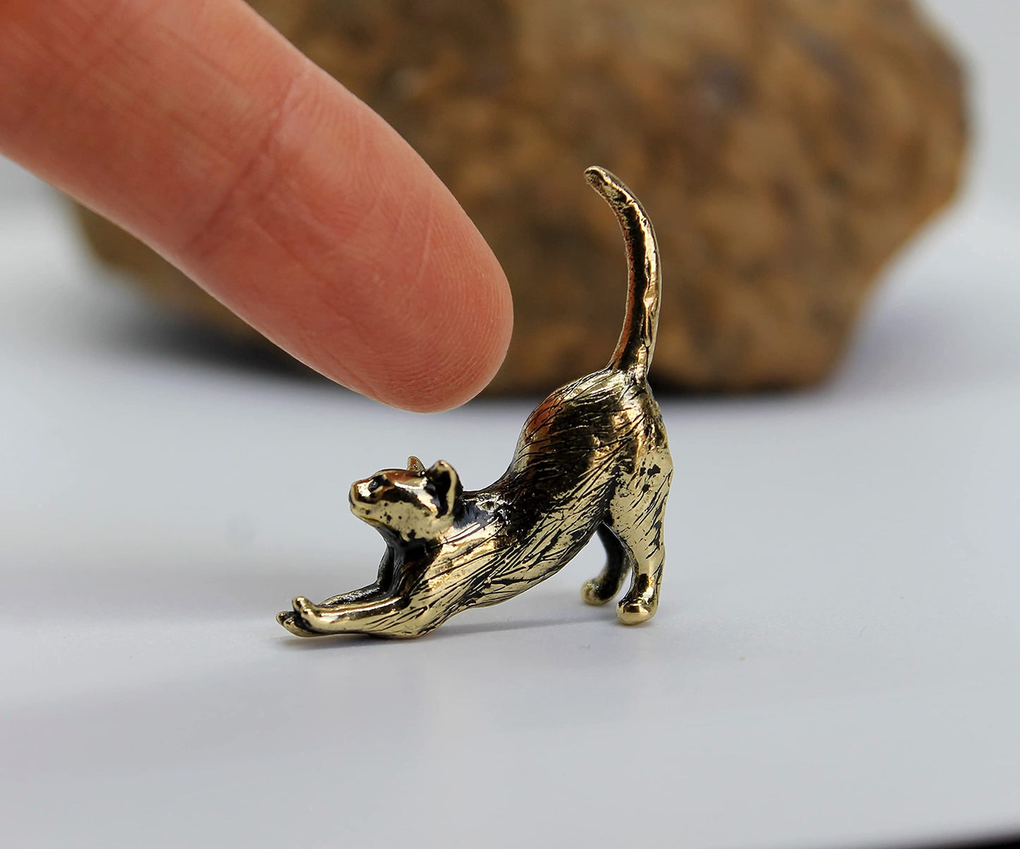 Stretching Cat Figurine Hand-Casted in Brass Small Kitten Miniature Collectible Gift for Cat Lovers Tiny Metal Decorative Trinket