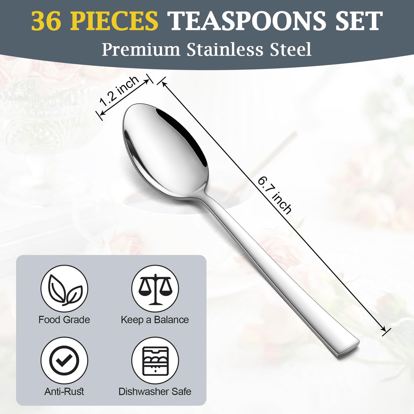 P&P CHEF Teaspoon Set (36 Pieces), 6.7" Stainless Steel Mini Tea Spoons, Premium Stirring Silverware, Kitchen Dessert Coffee Spoon Set, Mirror Finish & Dishwasher Safe