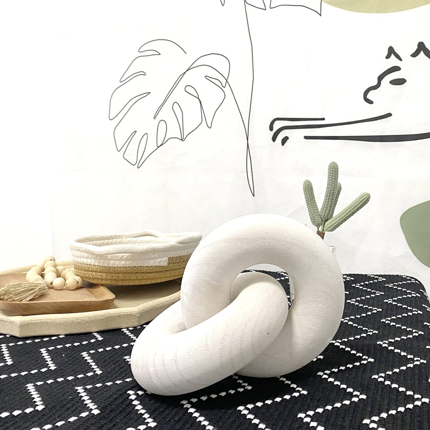 S-SNAIL-OO 2-link Wood Chain Link Decor, Hand Carved Boho Bead, Suitable for Bedroom, Living Room, Coffee Table Decor (White)