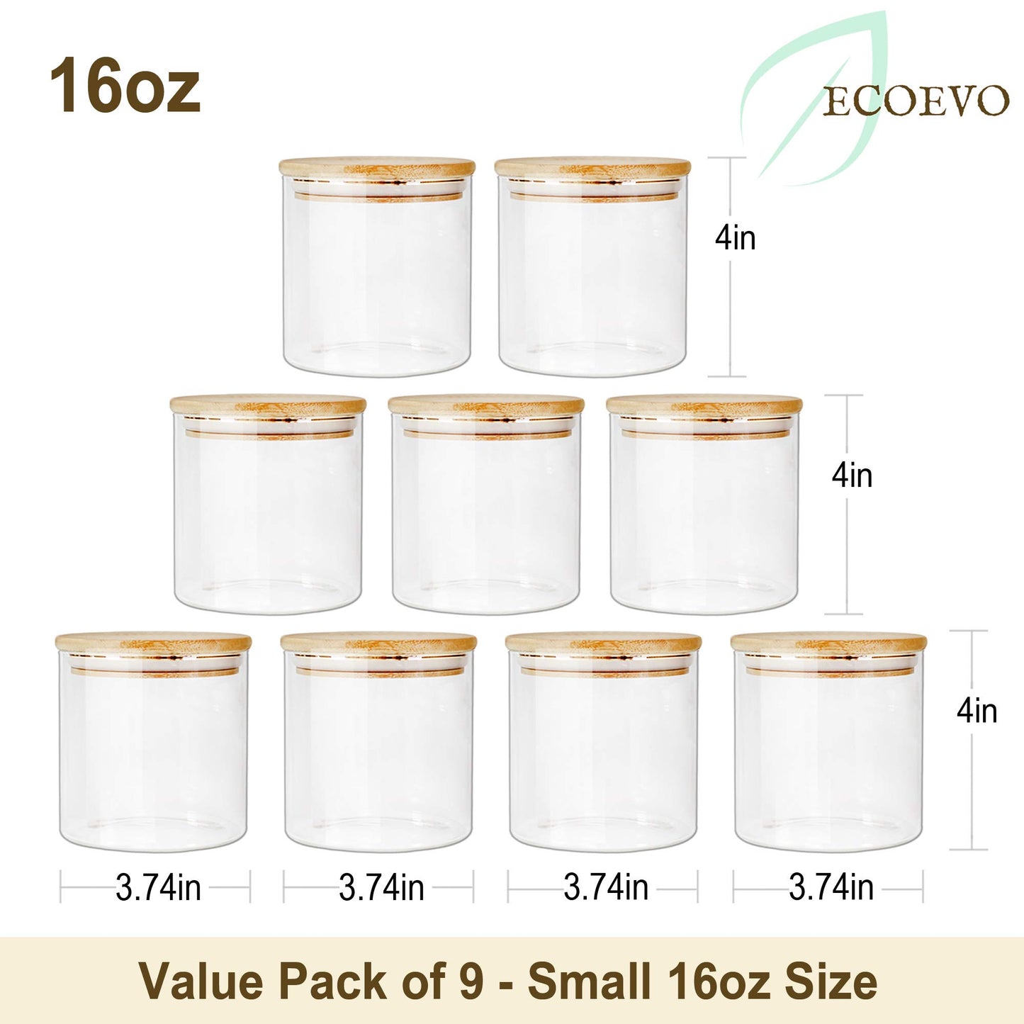 EcoEvo Glass Jars with Bamboo Lids (16oz in 9 Pack), Food Jars and Canisters Sets with lids, Food Storage Jars with Airtight Lids, Glass Pantry Jars