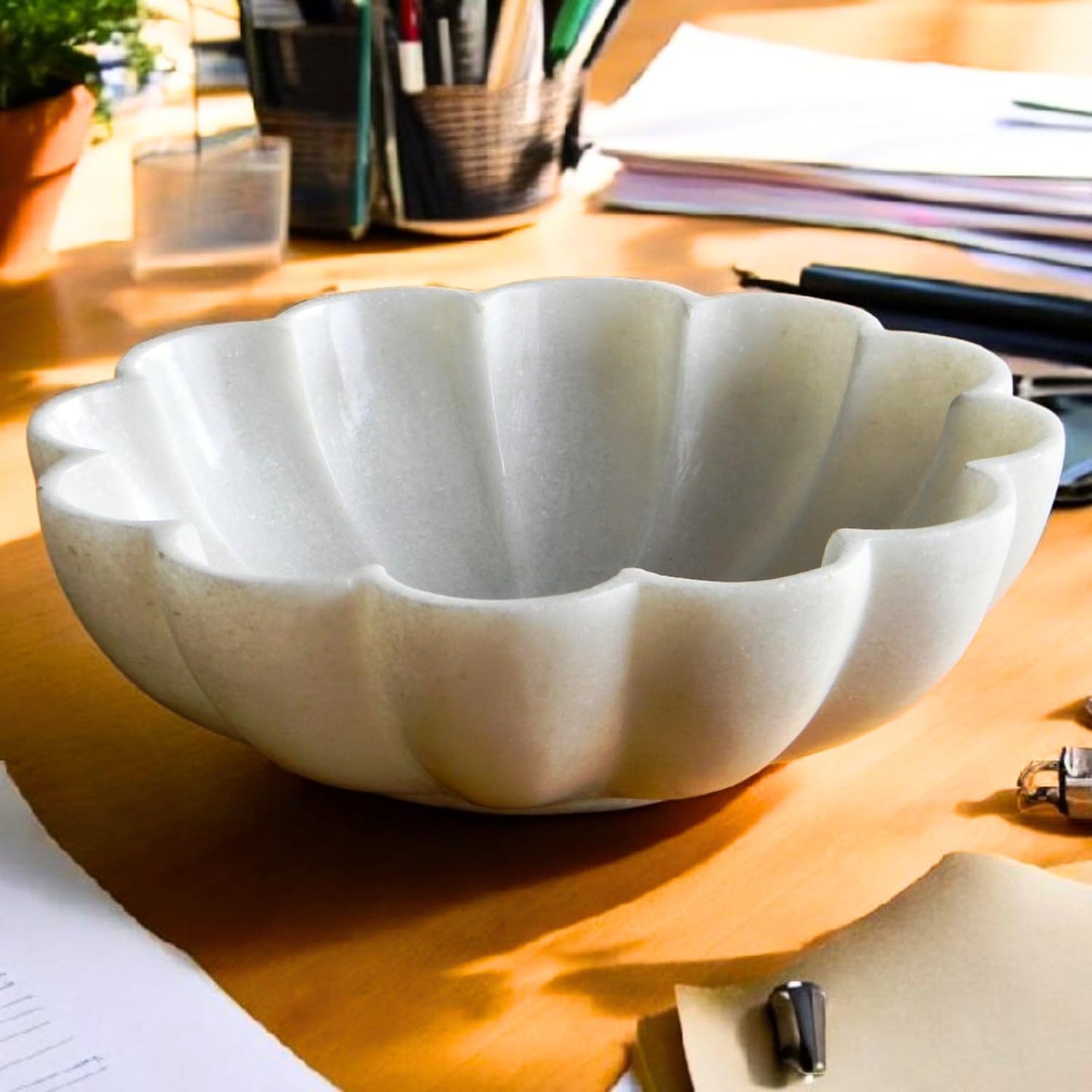 CRAFTFOBIA 10" Large Ruffle Scalloped Bowl for Home marble decor, Handcrafted White Marble Decorative Bowl – Entryway, Kitchen Counter & Living Room kitchen counter decor