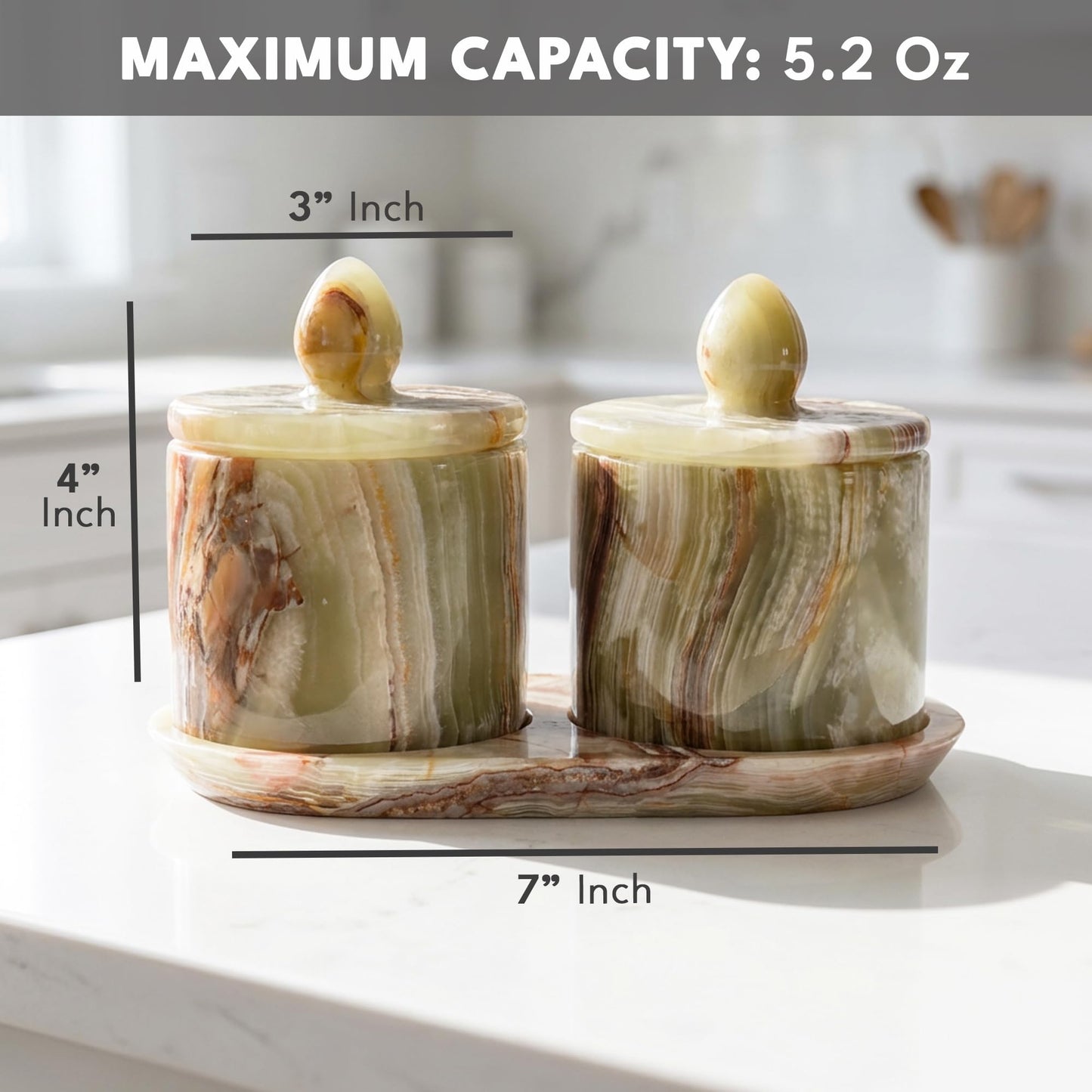 Marble Salt Cellar with Lid and tray 4 Inch Green Onyx Handmade Salt Container, Set of 2 Seasoning Jars, Spice Storage Containers for Kitchen Countertop, Sugar Bowl