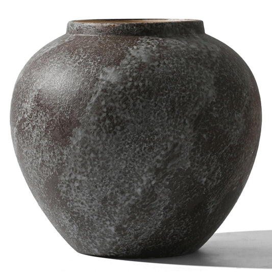 Large Rustic Black Stone Vase Home Decor - 8.8 in Ceramic Vintage Farmhouse Vases for Decor, Decorative Terracotta Round Clay vase for Living Room, Table, Shelf, Kichen Décor
