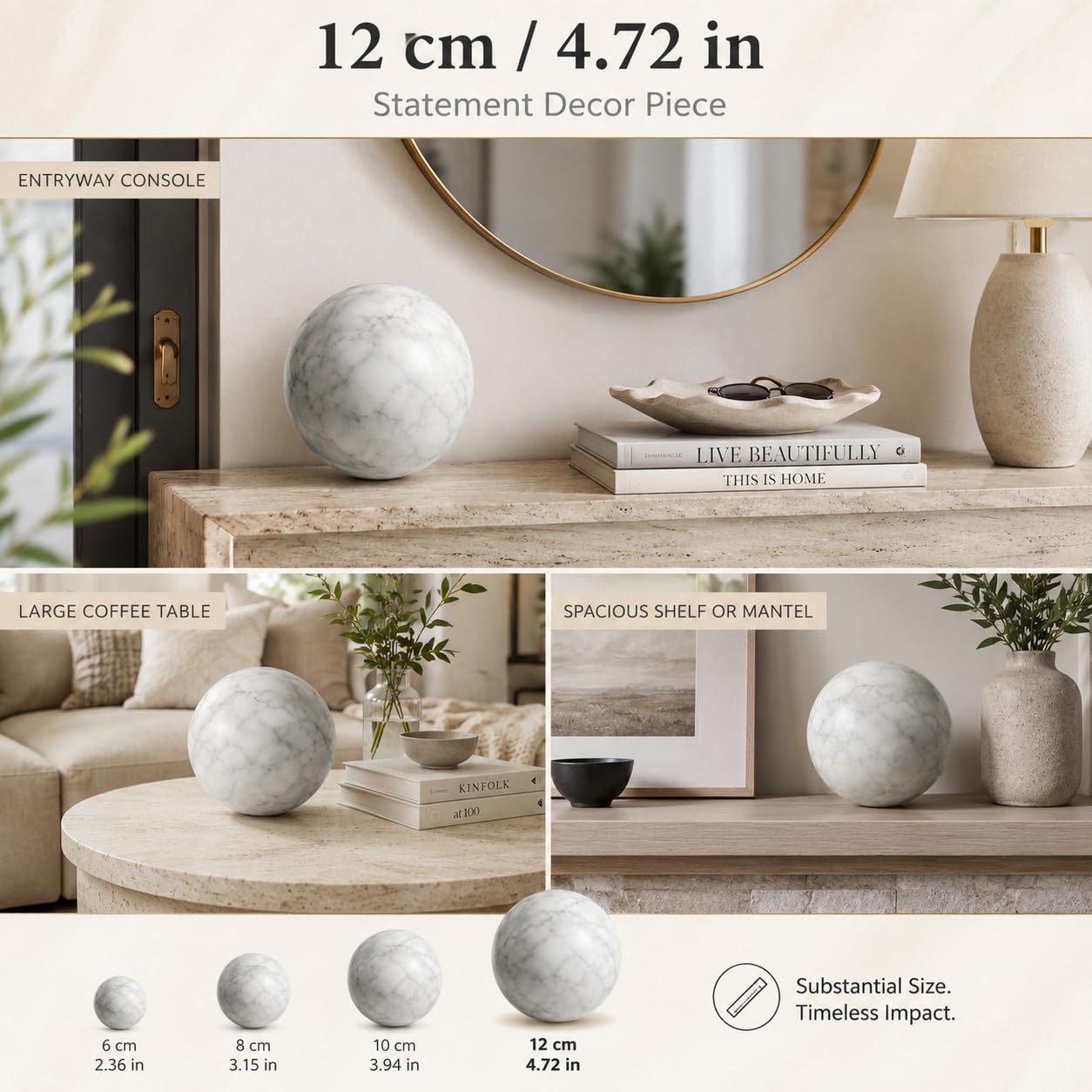 SIRIZEN-DIVING White Marble Decorative Sphere, 12cm Natural Stone Orb