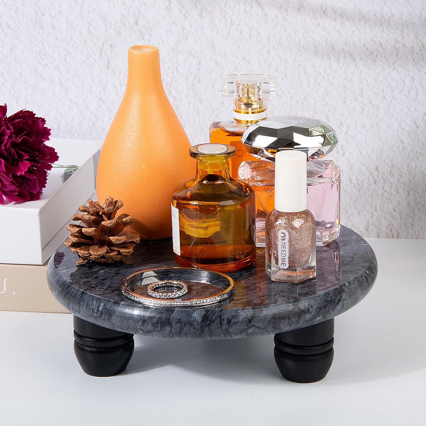 SIPARUI Decorative Round Marble Riser for Display,Marble Pedestal Tray for Home,Kitchen and Bathroom Countertop Organizer Counter Decor Tray.The Decorative Tray Non-slip,Stable（Black Gray）