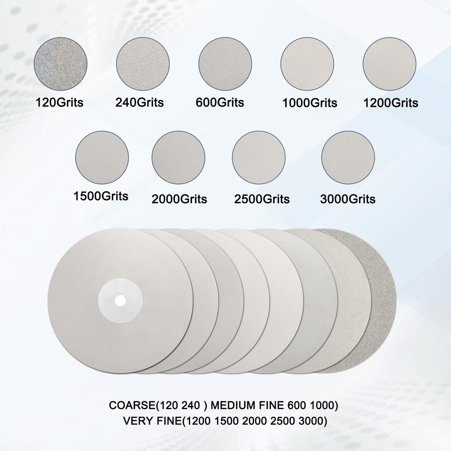 WorkBless 9PCS Diamond Flat Lap Wheel Disc Set, 6" x 1/2" Arbor Hole Abrasive Grit 120 240 600 1000 1200 1500 2000 2500 3000 for Cutting or Sanding Stone and Glass