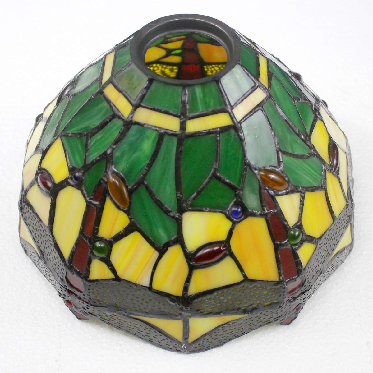 WERFACTORY Tiffany Lamp Green Yellow Stained Glass Dragonfly Style Table Lamp Metal Leaf Base 8X10X21 Inches Desk Light Decor Small Space Bedroom Home Office S009G Series