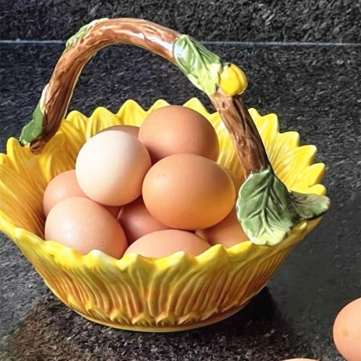 FORLONG Ceramic Sunflower Fruit Hand Basket, Snack Bowl, Hand Painted Art Tabletop Home Décor -8.5 inches (Yellow)