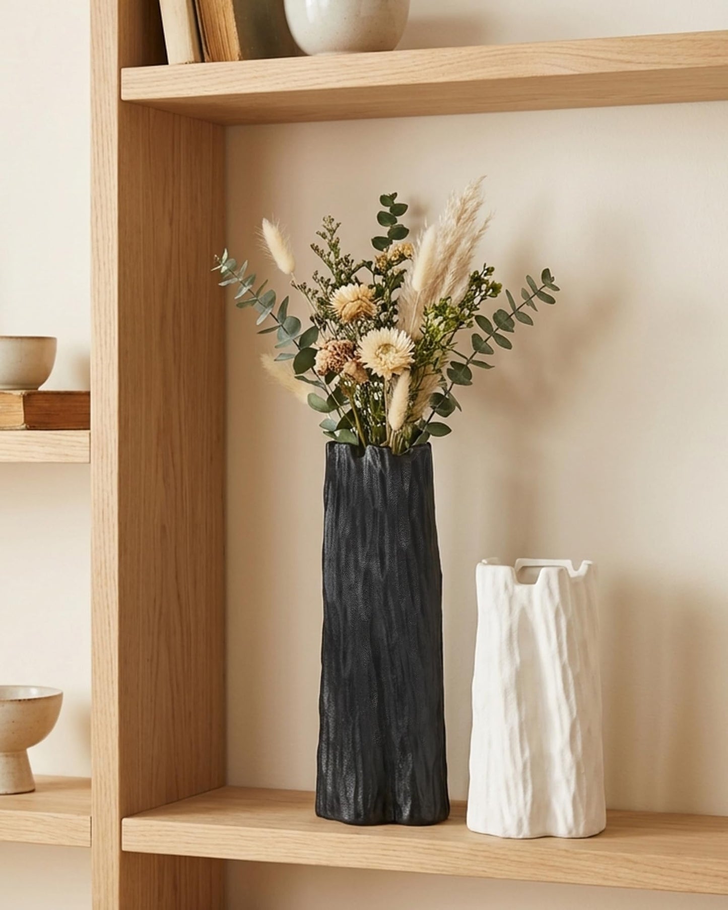 OOSTONEE Matte Black Flower Vases Home Decor, Unique Designed Organic Nature Shape, Ceramic Flower Vase for Living Room, Entryway Table Decor, Bookshelf Decor (10.7 inch)