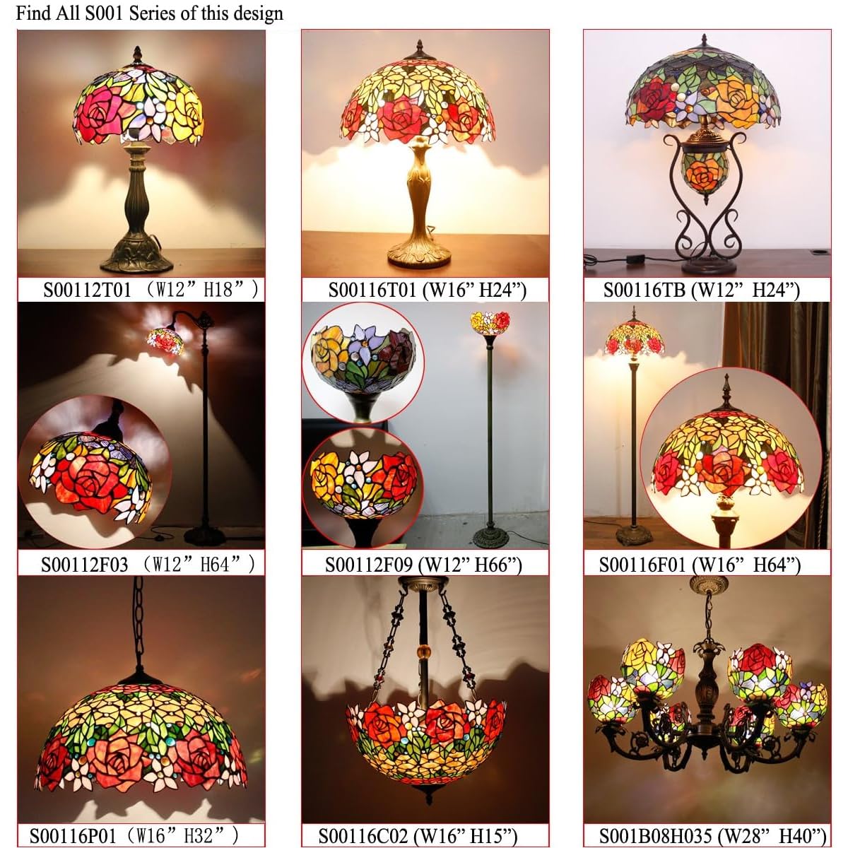 WERFACTORY Tiffany Table Lamp Rose Style Stained Glass Reading Desk Light