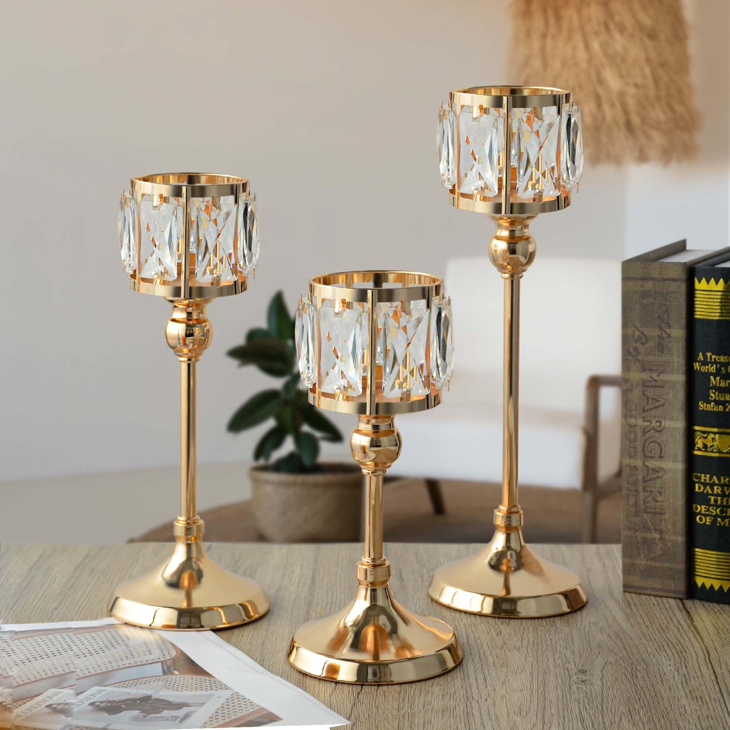 Set of 3 Cup Crystal Tealight Candle Holders, Centerpieces for Table Wedding Centerpieces Crystal Decorative Tealight Candle Dining Table Candle Holder Decor for Party (8.7"+10.6"+12.2", Gold)
