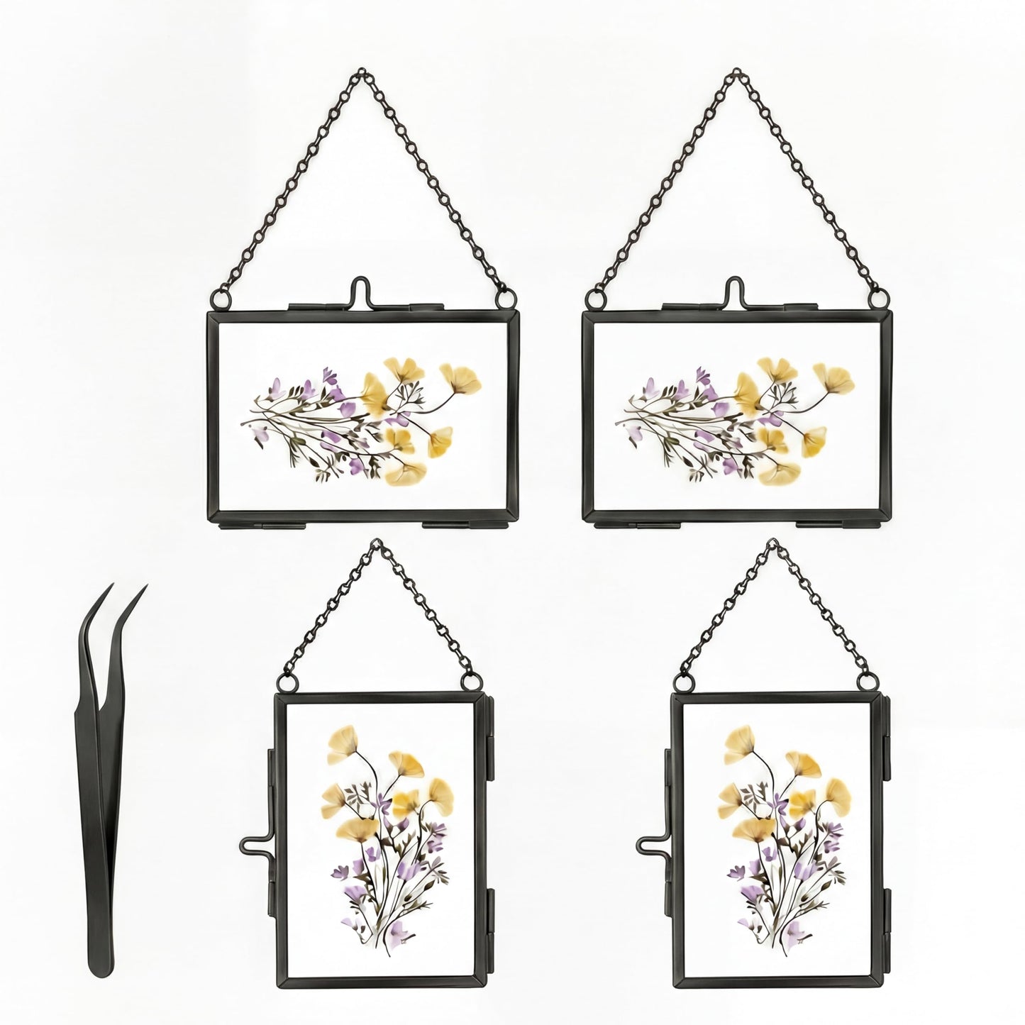 FOCHIER F 4 Pcs Pressed Flower Frame with Tweezers, Wall Hanging Tabletop Display Double Glass Frames with Metal Chain for Pressed Dried Flowers Plants, Horizontal and Vertical Picture Frame, Black, FRAMES ONLY