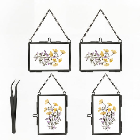 FOCHIER F 4 Pcs Pressed Flower Frame with Tweezers, Wall Hanging Tabletop Display Double Glass Frames with Metal Chain for Pressed Dried Flowers Plants, Horizontal and Vertical Picture Frame, Black, FRAMES ONLY