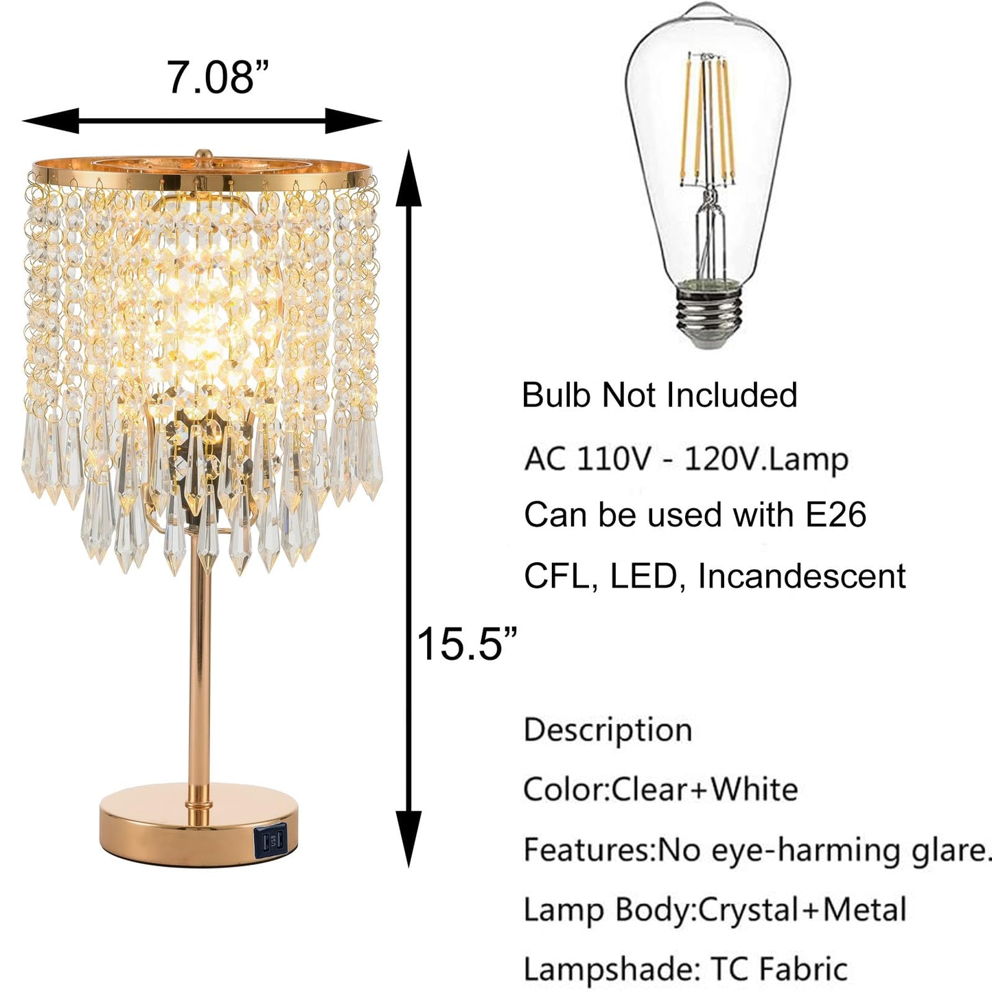 Popity home Crystal Table Lamps Set of 2, Gold Lamps for nightstand with 2 USB Charging Ports, 3-Way Touch Dimmable Crystal Desk Lamp, Gold Bedside Lamp with Elegant Shade for Bedroom, Living Room