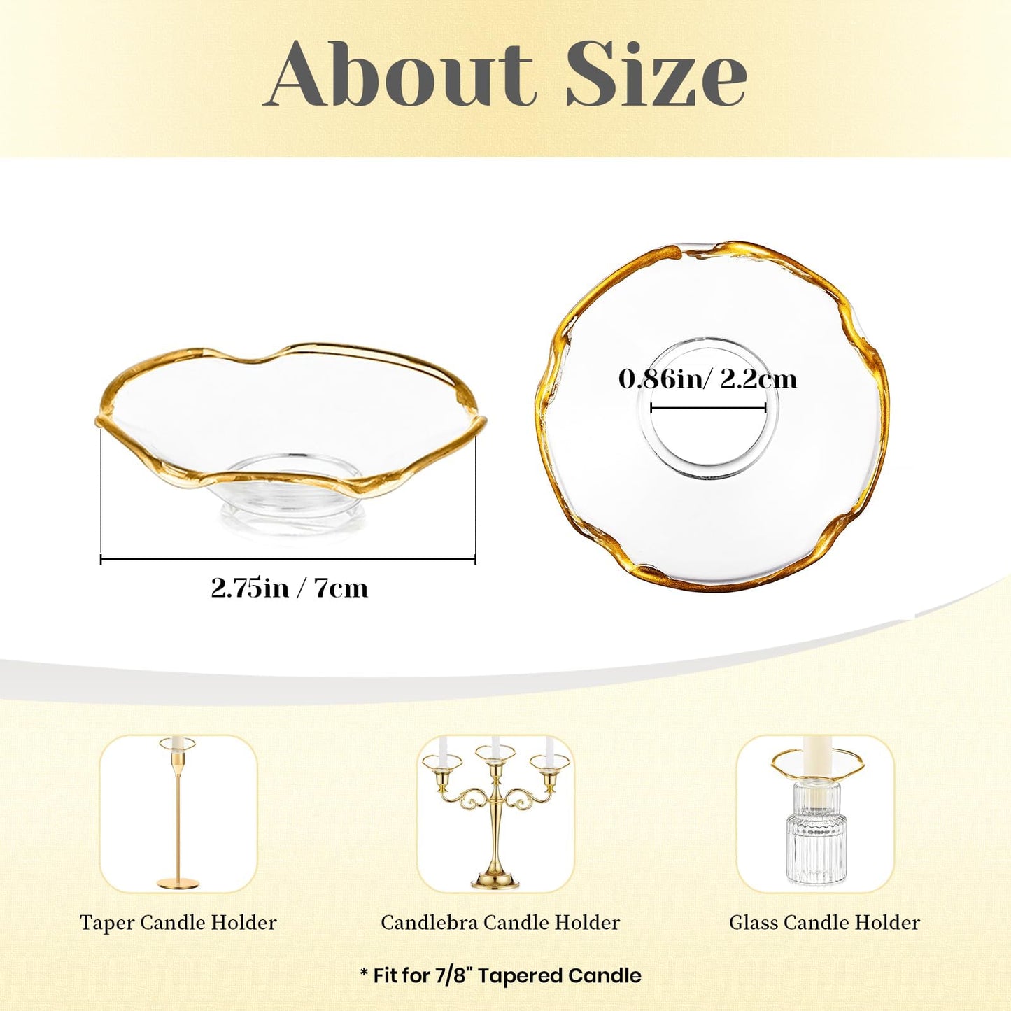 Hewory Glass Bobeches for Candlestick Holders, 3 PCS Candle Drip Protector Rings for Taper, Candle Drip Catcher for Candle Stick Candle Holder for Wedding Party Church Home (Scallop, Gold Rim)