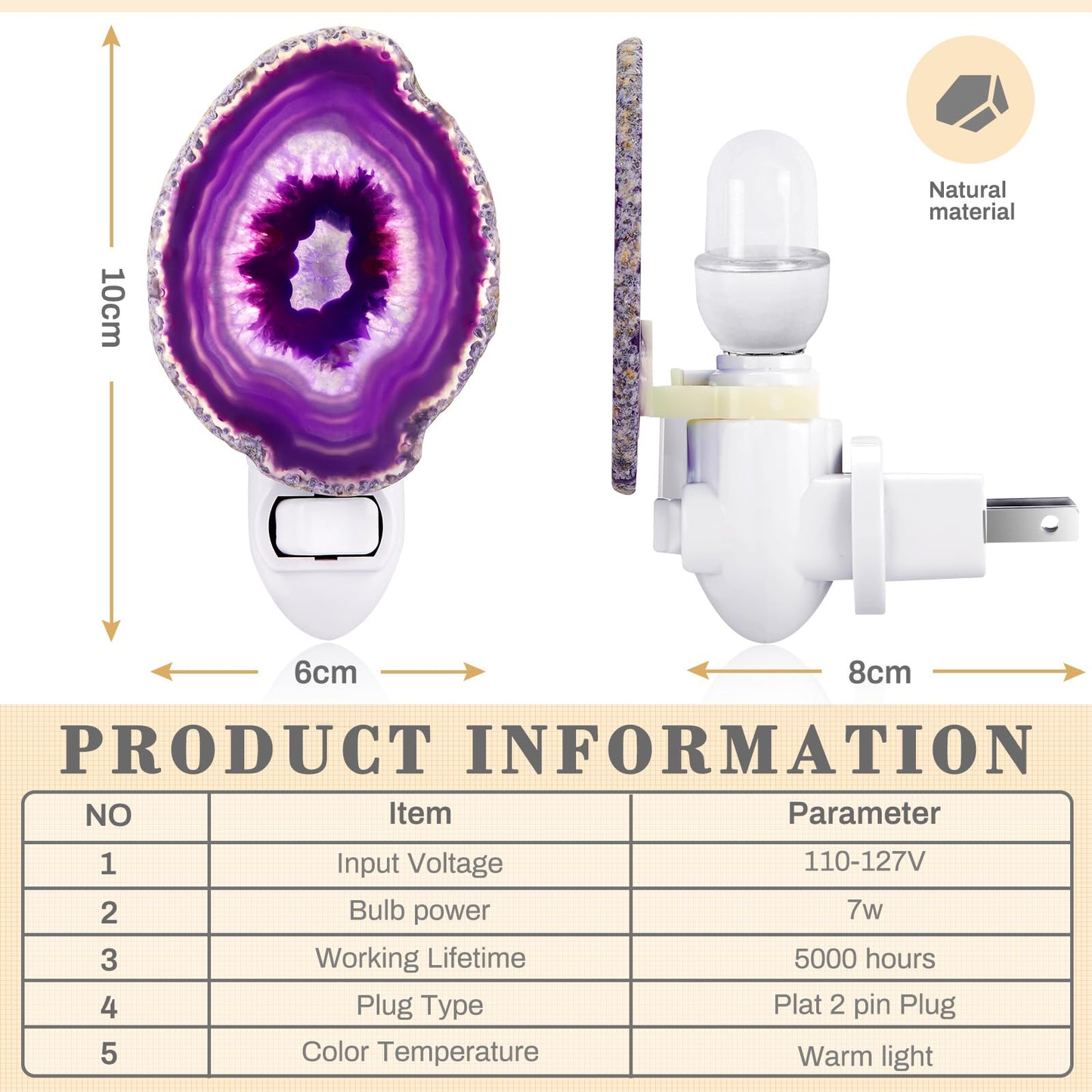 Hortsun Stone Nightlight Plug into Wall Christmas Agate Night Light Agate Slice Light Crystal with Switch Home Decor Hallway Lights, Nightlight for Toilet Kitchen Bedroom(Purple)