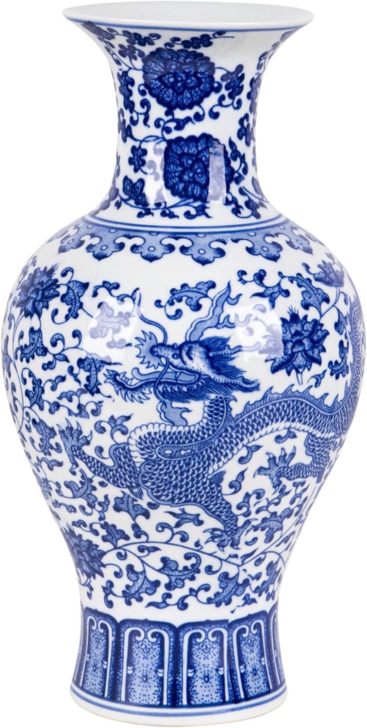 SILINE 12.4” Classic Blue and White Porcelain Vase, Art Decor Big Vase,China Jingdezhen Handmade Ceramic Flower Bottle -YuweiPing