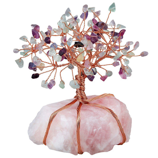 SUNYIK Natural Rainbow Fluorite Money Tree Wrapped on Rose Quartz Cluster Base Bonsai Sculpture Figurine 3.5 Inches