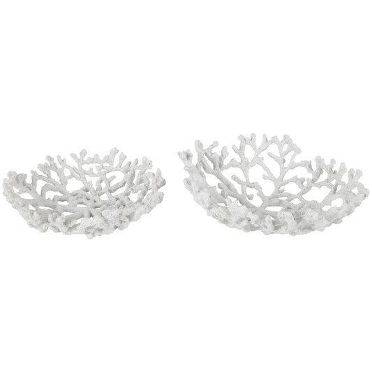 Deco 79 Resin Coral Decorative Bowl Decorative Bowl Textured Decorative Containers, Set of 2 Decorative Keepsake Boxes 13", 12"W, White