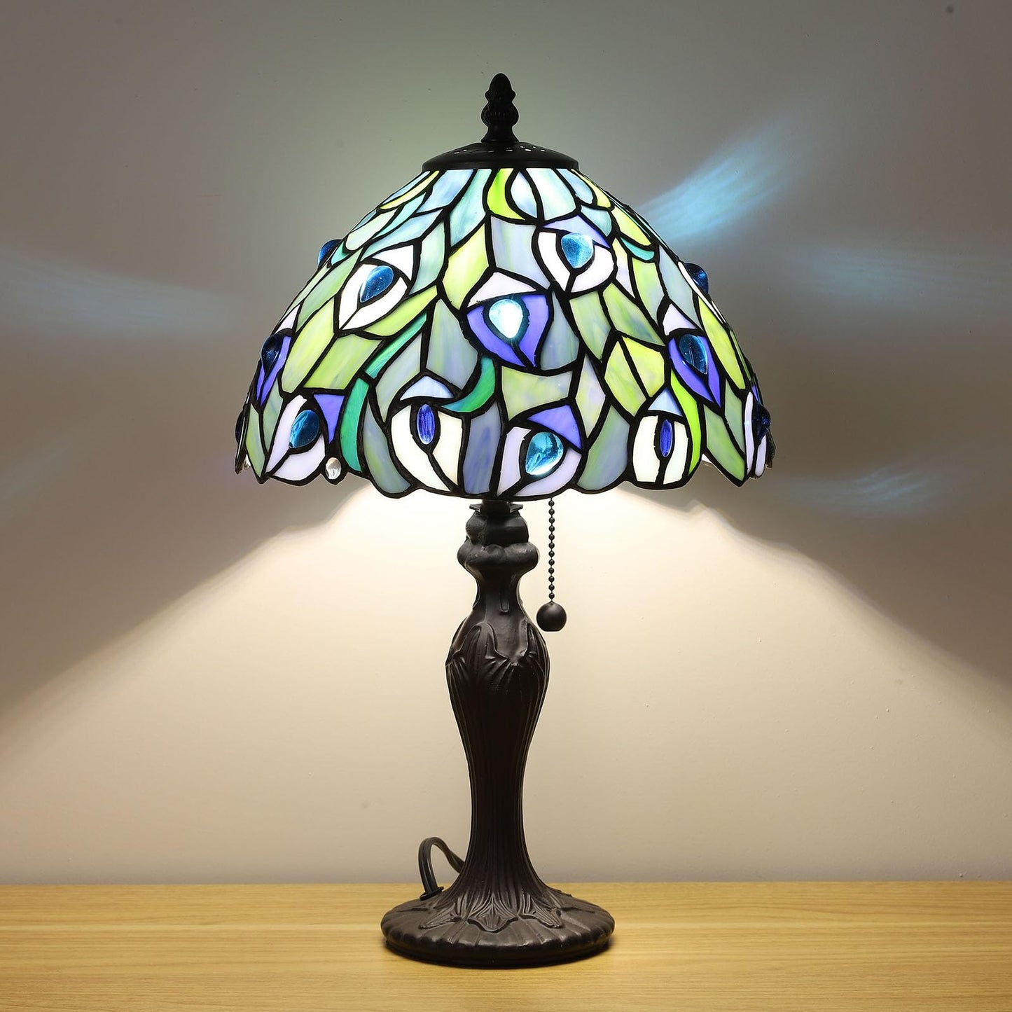 FUMAT Tiffany Table Lamp Blue Phoenix Tail Stained Glass Table Lamps Hand-Made 3 Color Temperature Bedside Nightstand Lamp for Bedroom,Living Room Home Office+LED Bulb,10.1X10.1X17Inch