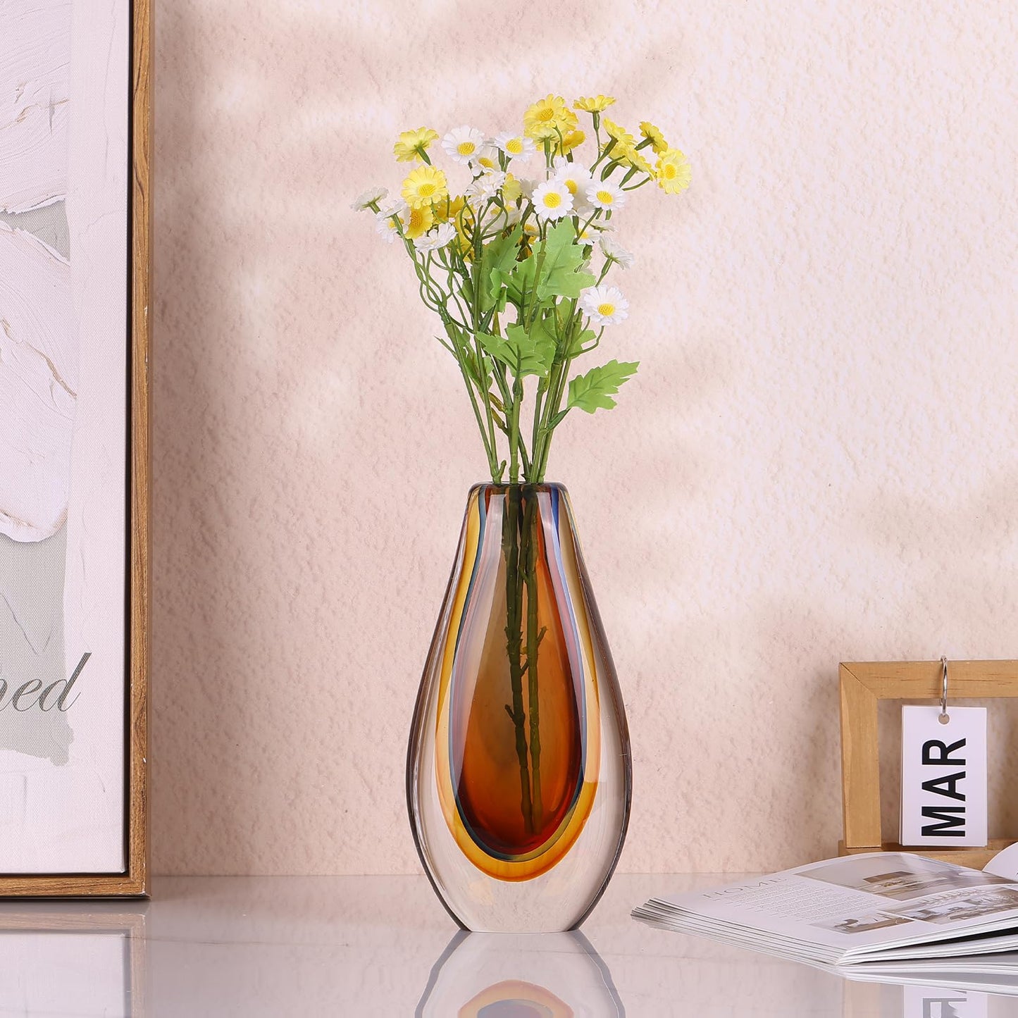 Hand Blown Glass Art vase, Unique Teal Glass Decorative vase, Shelf Decoration for Home Decor Home Living Room TV Stand Coffee Table Office Wedding Table Centerpiece.