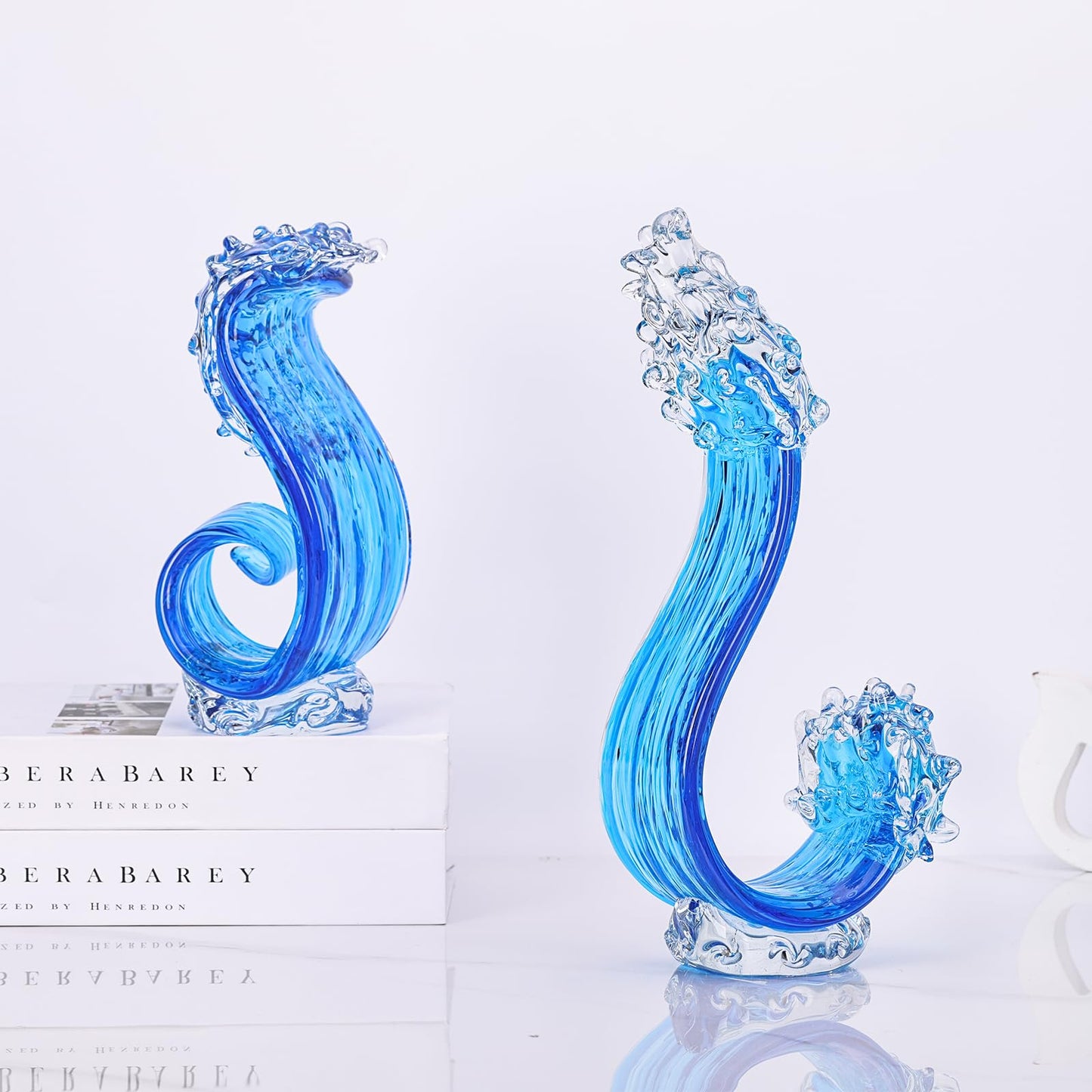 JexaTrek Blue Glass Sculpture Home Decor, Hand Blown Glass Art Statue, Glass Ocean Waves Home Living Room Decorations for Office Bookshelf Coffee Table Room Console Decor Accents.