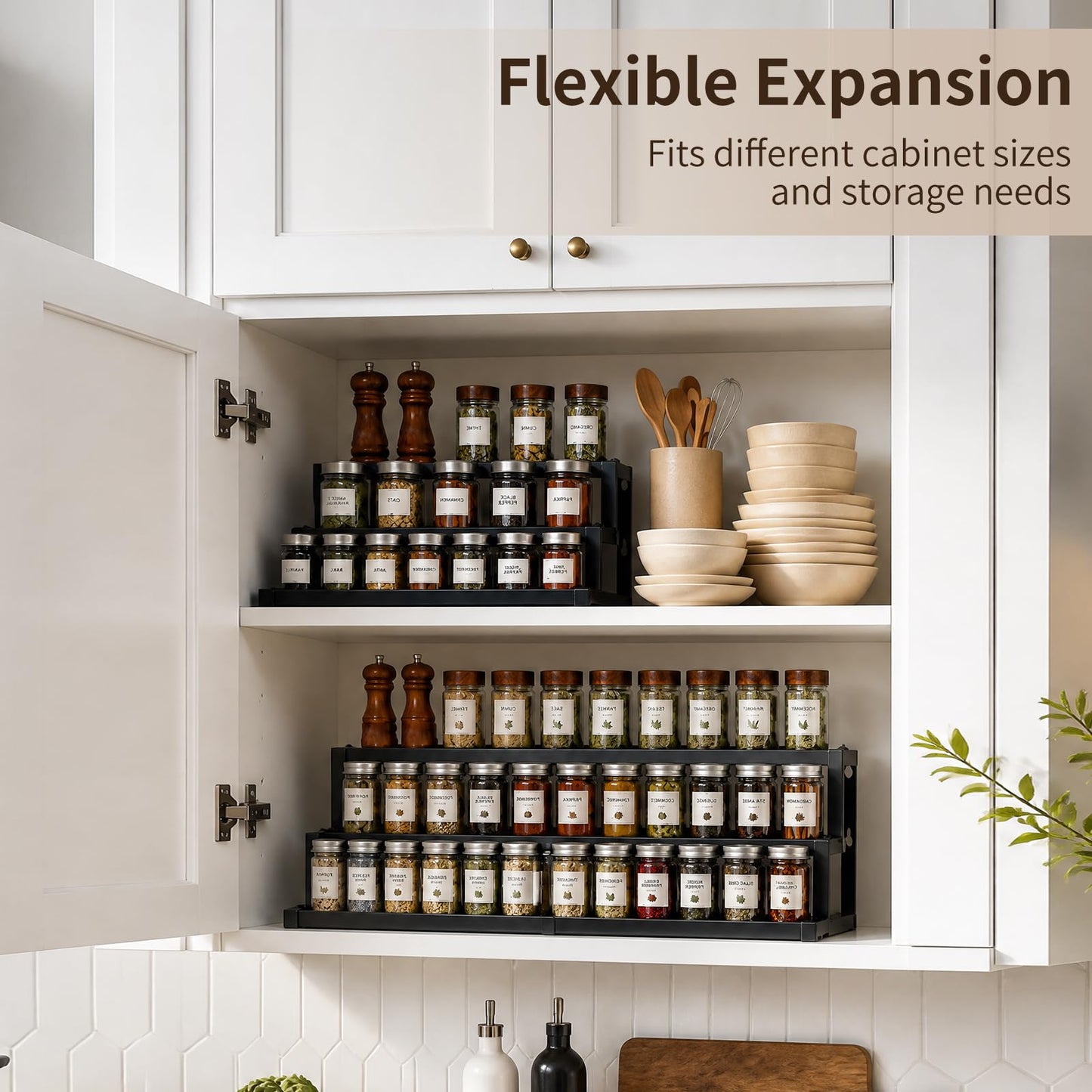 Holismo Expandable Spice Rack Organizer for Cabinet, 3-Tier Adjustable Spice Shelf 16"-29", Seasoning Organizer for Cabinet, Pantry & Countertop, Storage Rack for Jars, Bottles & Cans