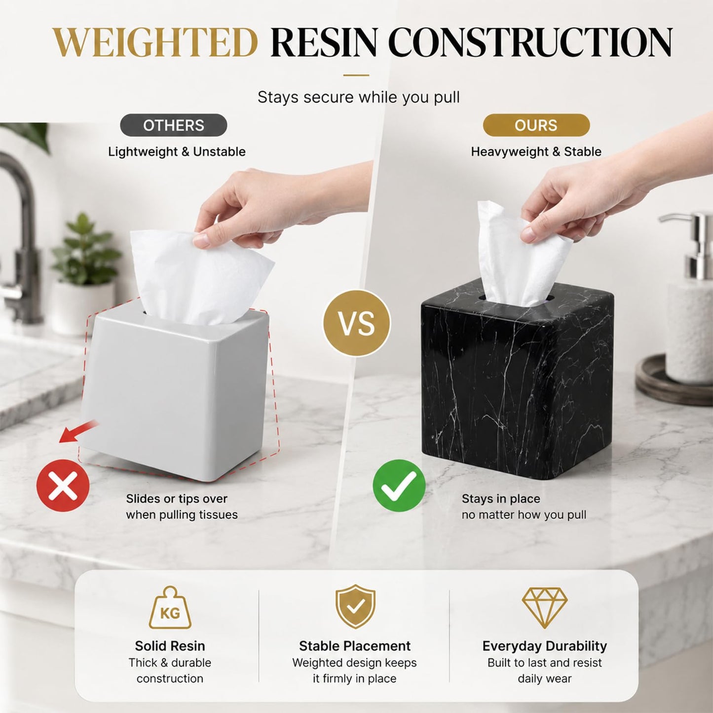 Square Resin Tissue Box Cover, Decorative Facial Tissue Holder with Black Marble Look Pattern, Water Transfer Printed for Bathroom, Living Room and Office