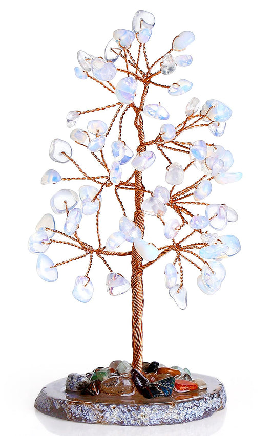 QINJIEJIE Opal Healing Crystals Natural Stone Decor Reiki Gemstone Tree Agate Slice Base Copper Wire Money Tree of Life White Opalite Home Office Decoration Spiritual Luck Gift for Women
