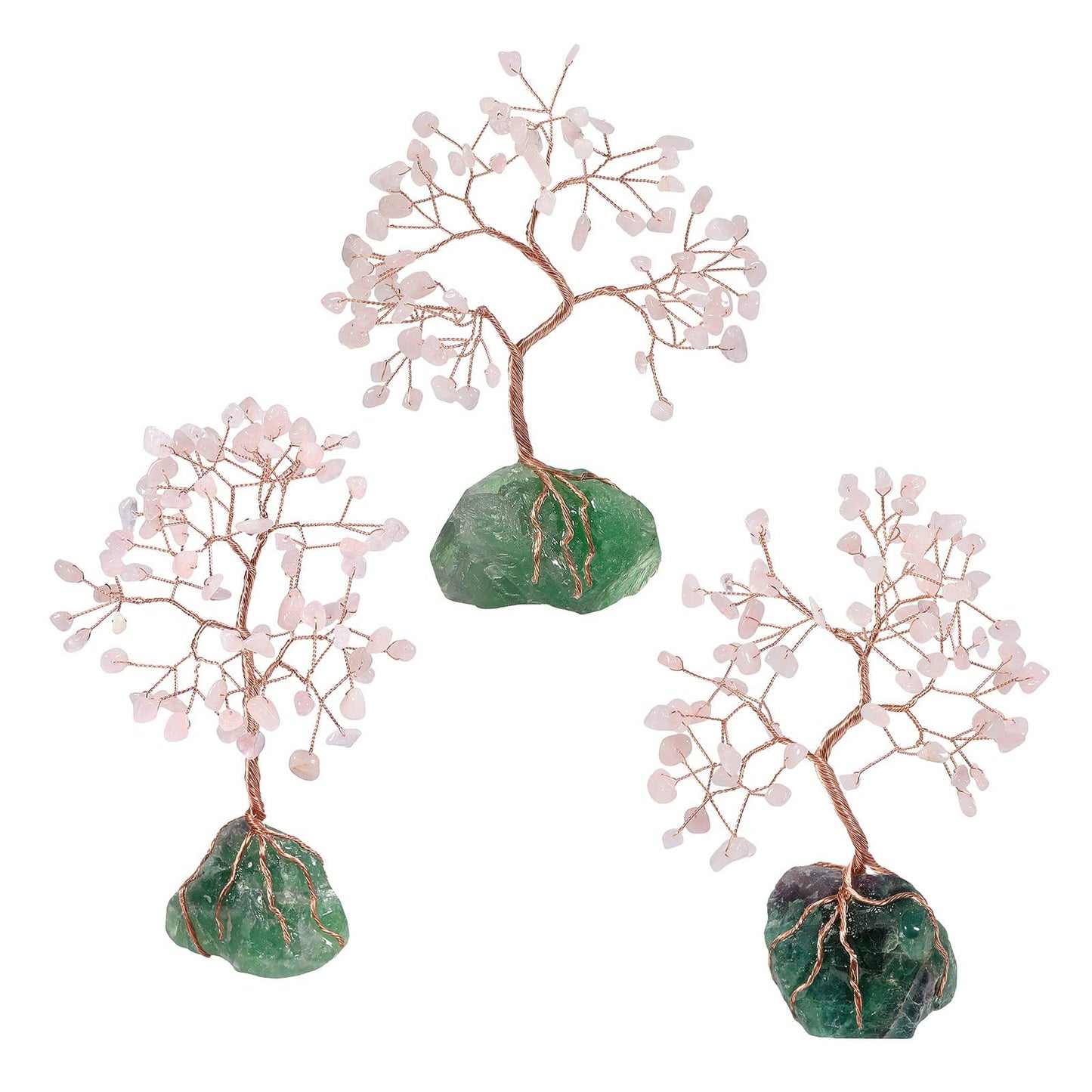 TUMBEELLUWA Natural Crystal Chip Stones Money Tree for Feng Shui Decor, Copper Wire Stone Bonsai Tree Figurine with Irregular Fluorite Stone Base, Rose Quartz