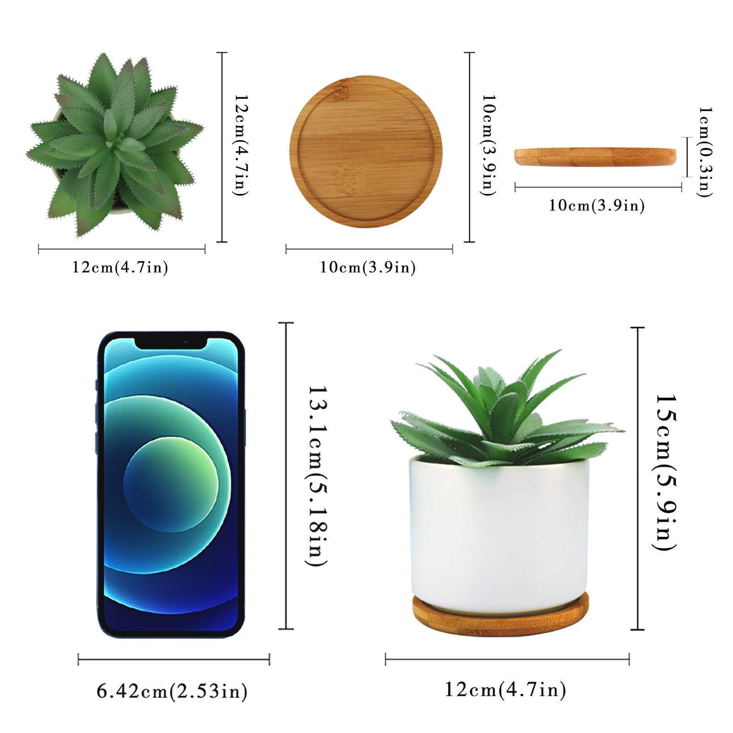 Hopewood Cute Indoor Decor Plants, Artificial Succulent Plants in Ceramic Pots with Bamboo Tray, Faux Potted Plants