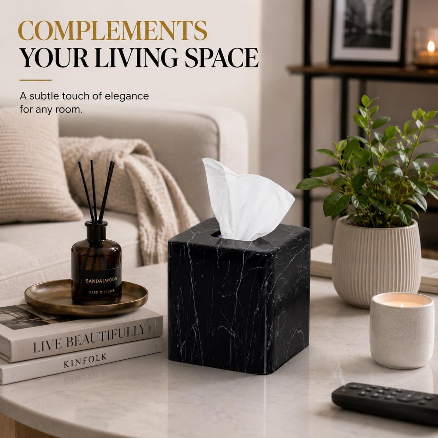 Square Resin Tissue Box Cover, Decorative Facial Tissue Holder with Black Marble Look Pattern, Water Transfer Printed for Bathroom, Living Room and Office