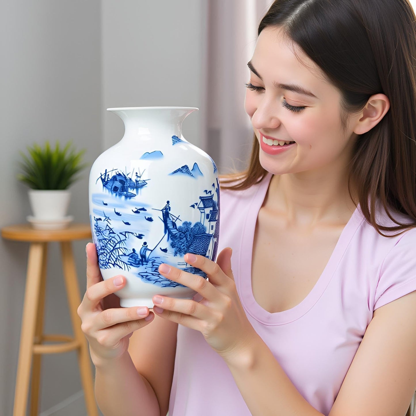 MTME Porcelain Figurines, Jingdezhen Decorative Flower vase, Home Decor, Wedding Gifts, Aesthetic Sculpture Home décor (Scenery Blue)