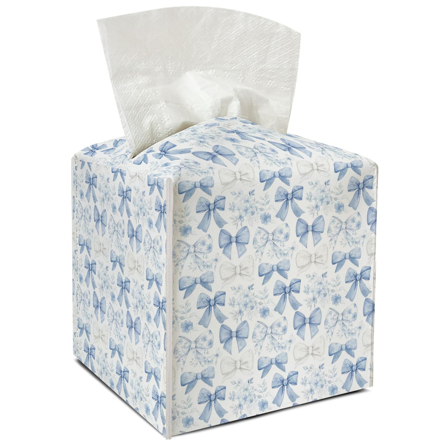 Blue Bows Floral Tissue Holder Square with Bottom Belt Elegant Leather Decorative Box Cover for Bathroom Car Office Ideal for Women Friends Mom Bestie Birthday Christmas Housewarming Gifts - FS688