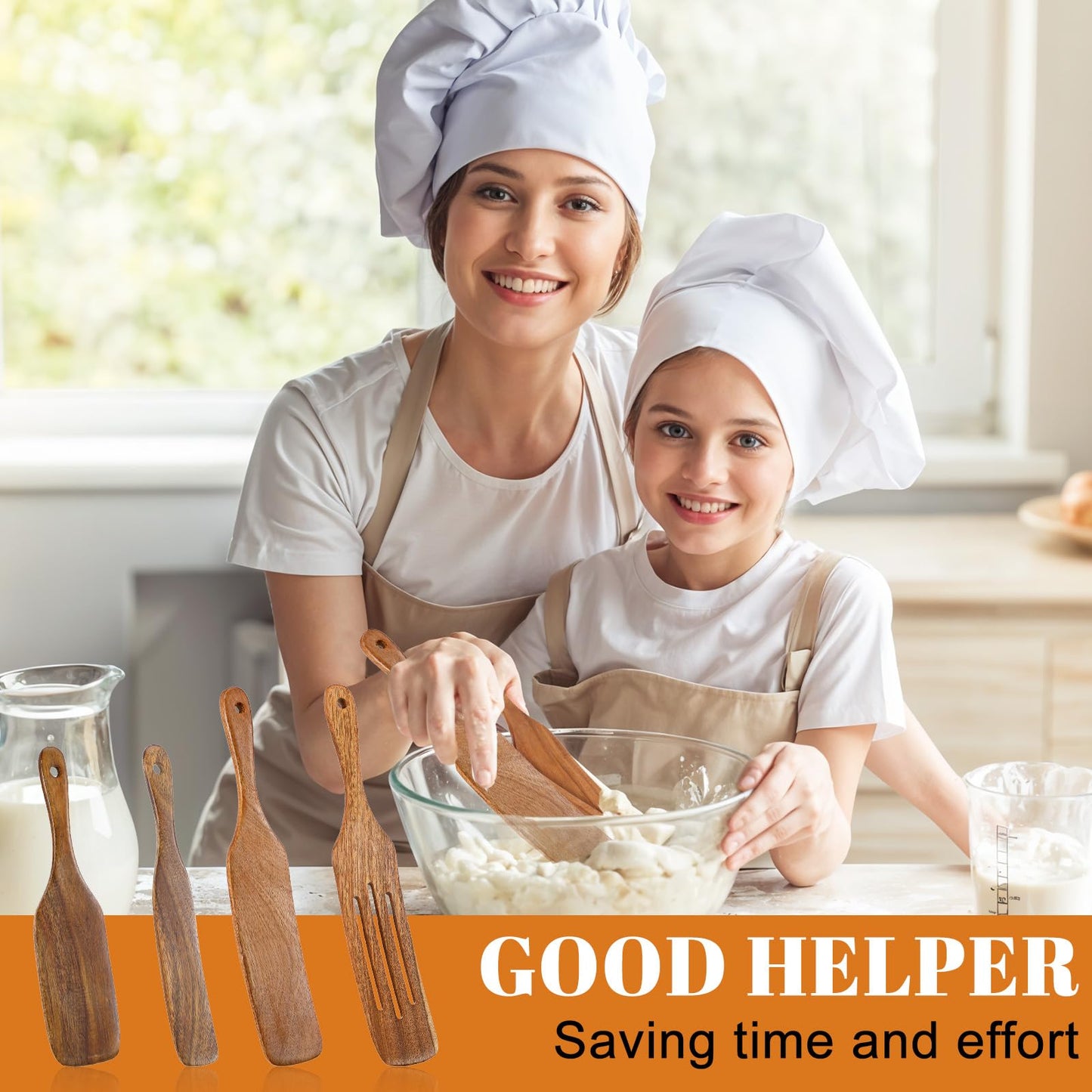 cobee 4PCS Wooden Spurtle Set, Teak Wood Spatula, Multipurpose Cooking Utensils for Non-Stick Cookware, Stirring, Scooping, Smashing, Serving