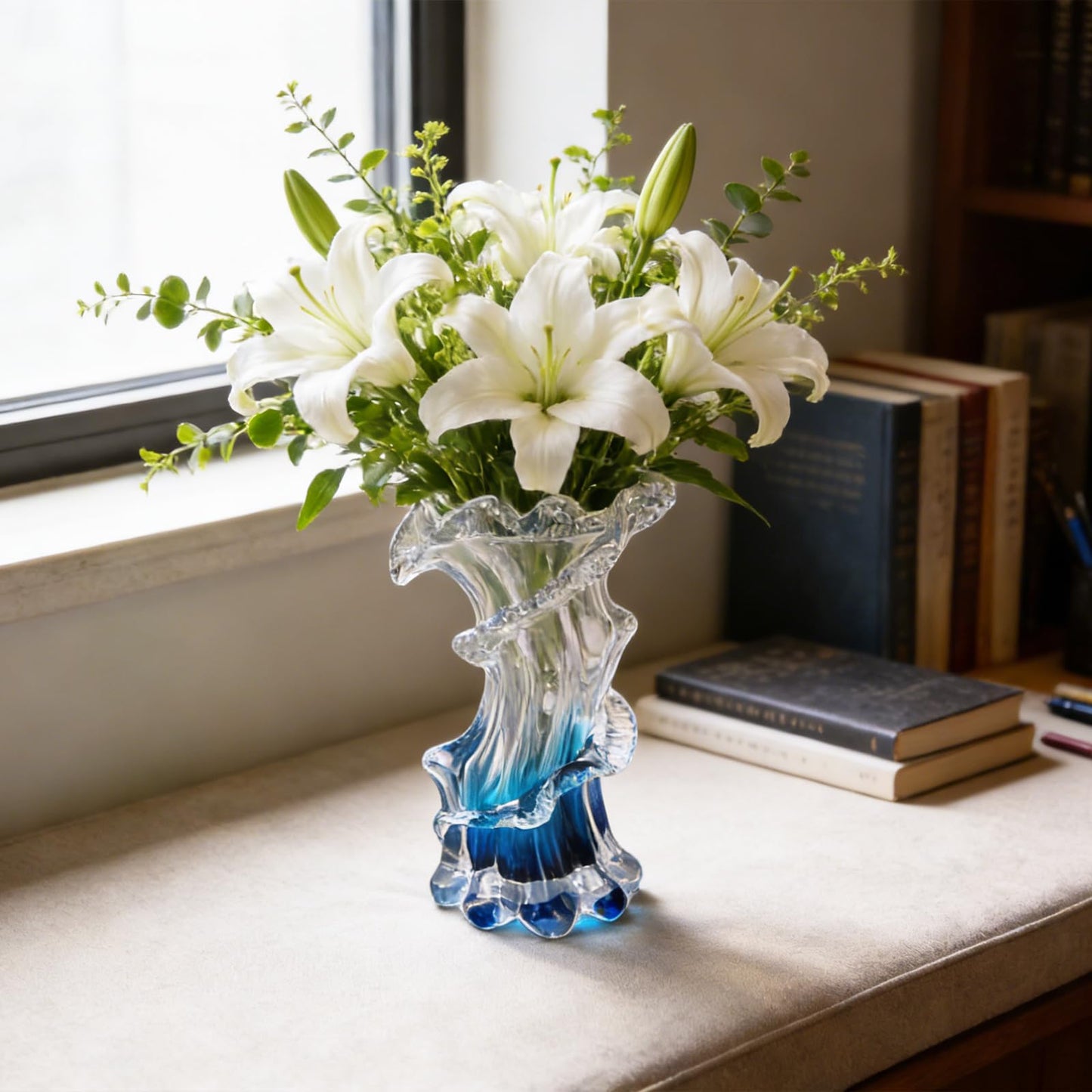 Unique Hand Blown Blue Glass Vase - Artistic Blue Gradient Flower Vase for Home Decor, Centerpieces & Office Shelf
