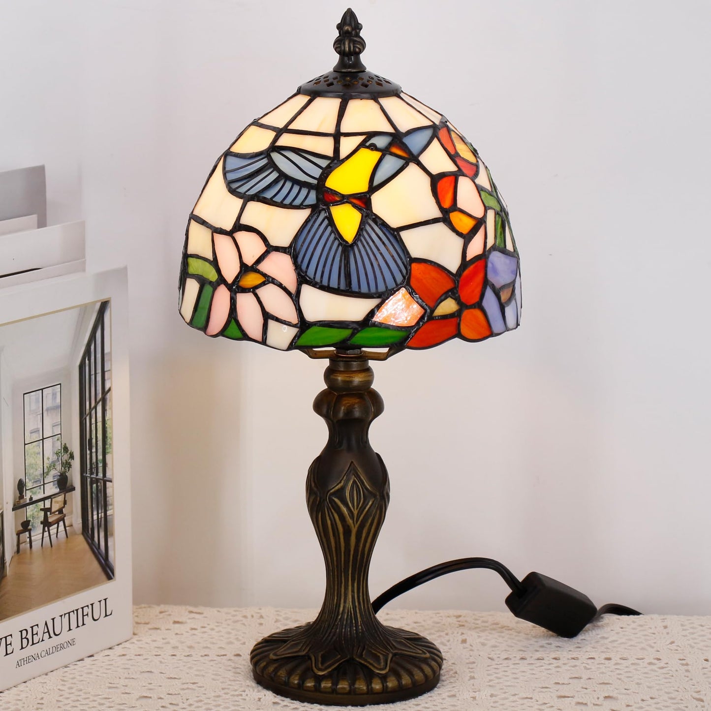 TCODTPOL Small Tiffany Stained Glass Table Lamp,Hummingbird