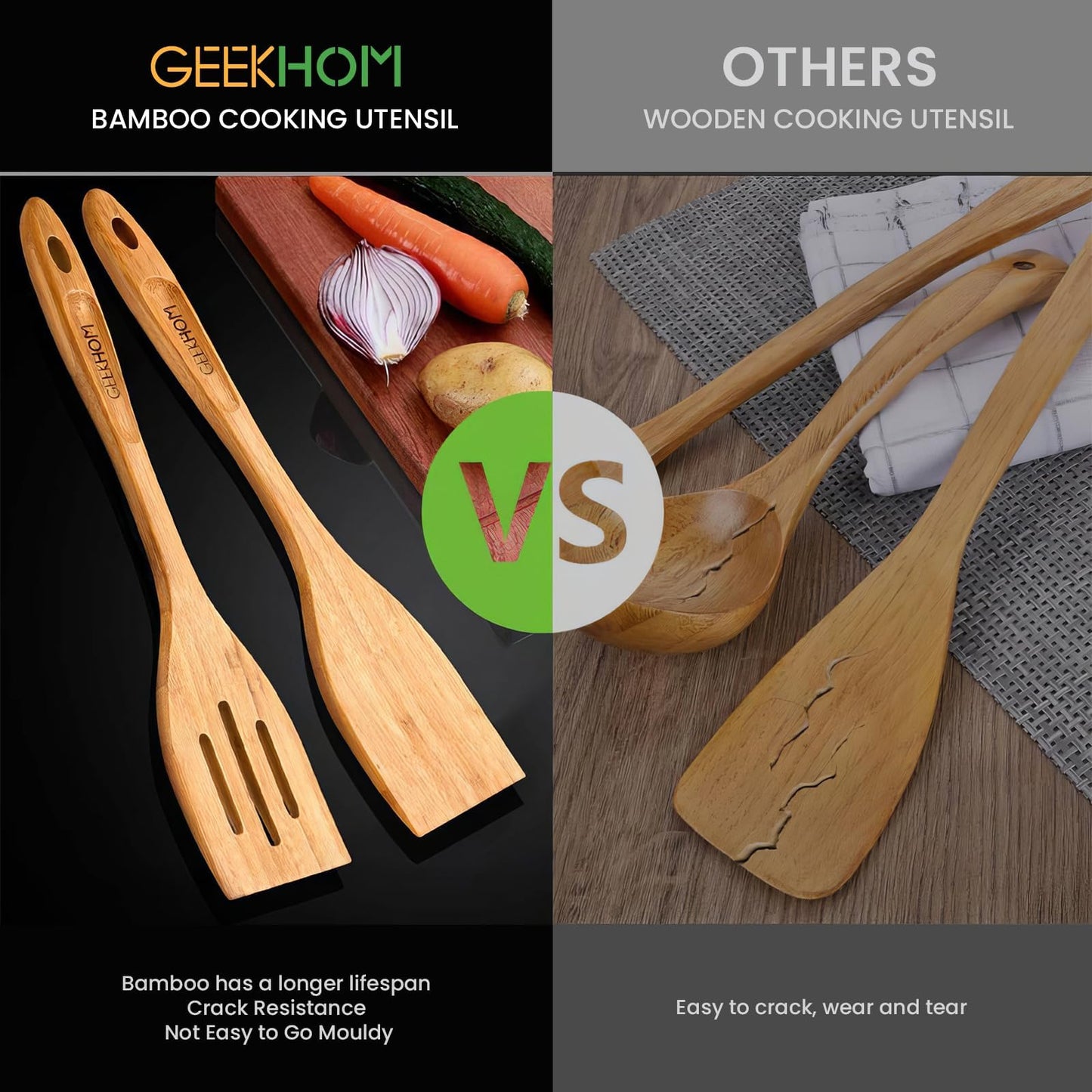 GEEKHOM Slotted Wooden Spurtle Bamboo Turners : 13 Inch Long Handle for Sourdough Starter, Mixing Reaching Jar Bottom, Nonstick Cookware 2 Pack