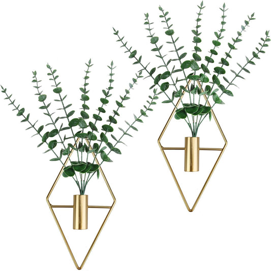 GREENTIME 2 Pack Wall Decor Hanging Planter with Faux Eucalyptus Gold Diamond Metal Hanging Vase Boho Wall Mounted Planter for Teacher Appreciation Living Room Bathroom Kitchen Outdoor Shelf