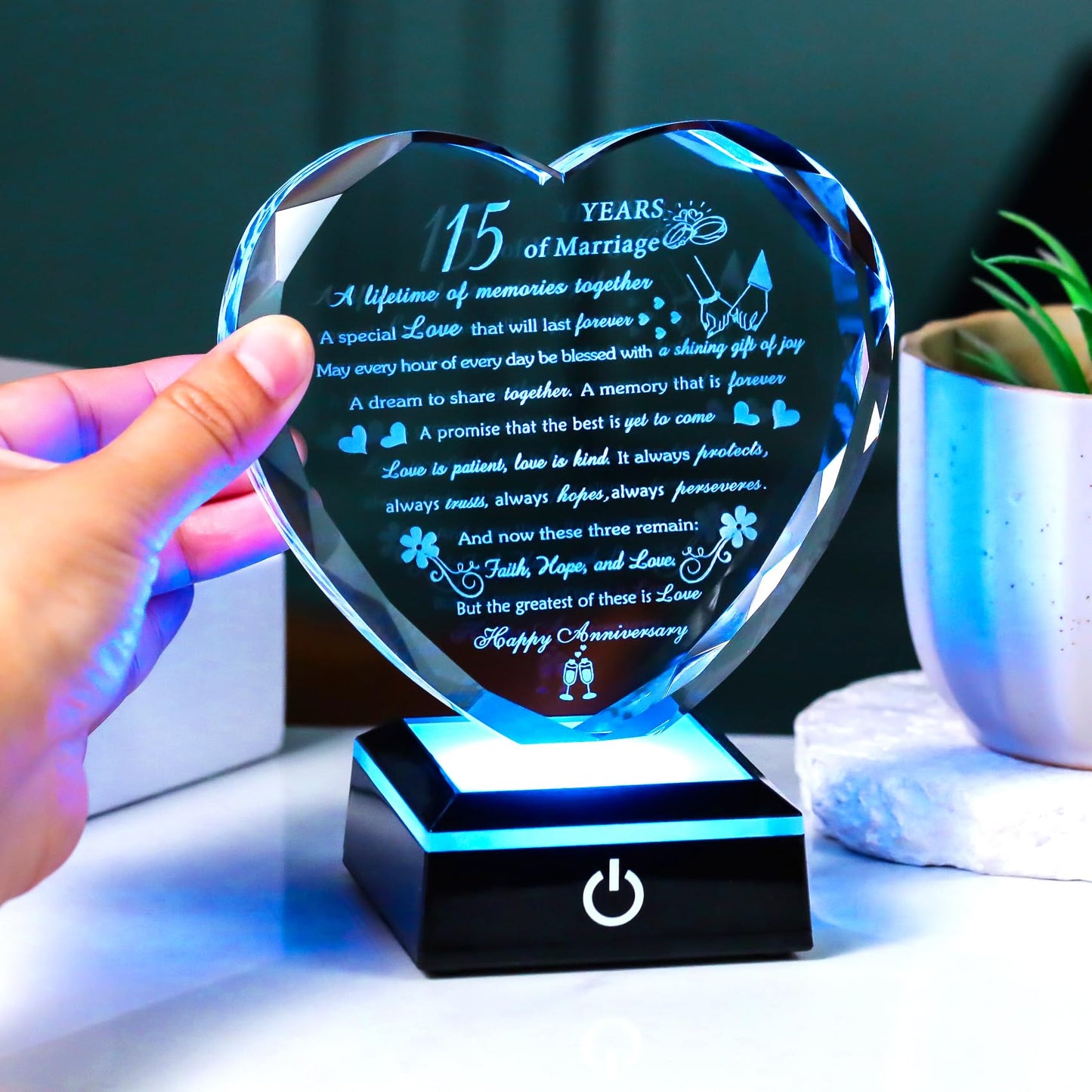 15th Wedding Anniversary Crystal Gifts for Couples with Colorful LED Base,Happy 15th Wedding Anniversary Keepsake Gifts for Her Him, Romantic 15 Years of Marriage Heart Gift for Wife Husband