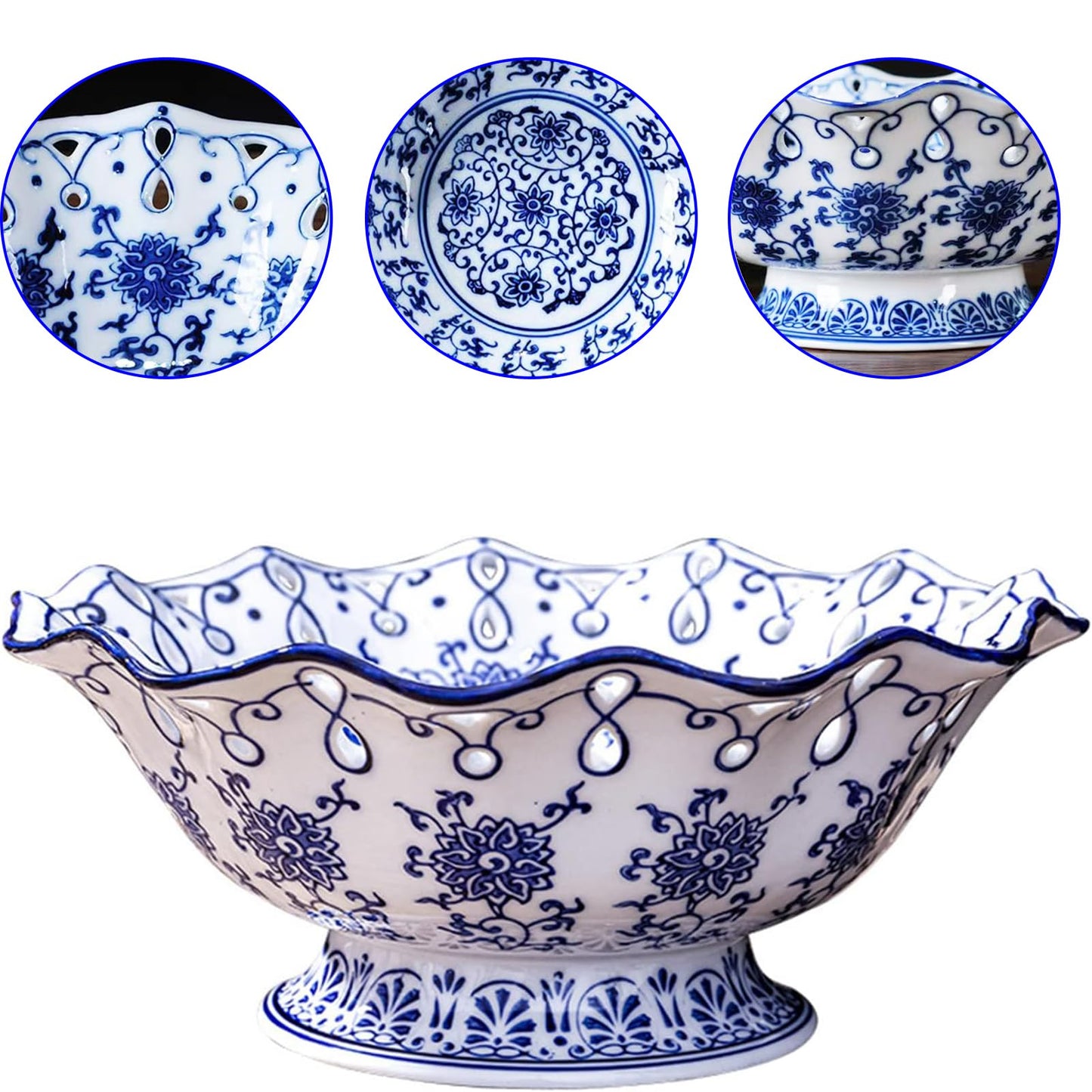 YYMayLsh Candy Bowl Ceramic Candy Serving Plate Blue and White Chinoiserie Decor Bowl with Foot for Living Dining Room (6.9in)