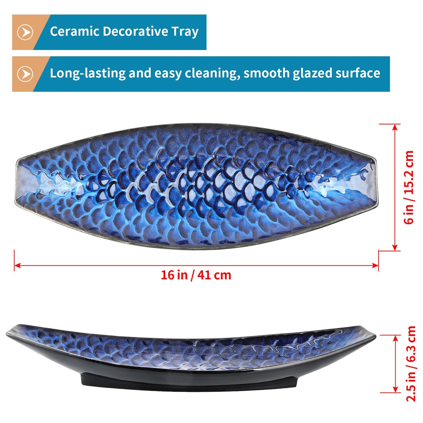 Sanbege 16" Large Ceramic Decorative Tray, Long Boat Shaped Centerpiece Bowl, Multipurpose Serving Platter for Home, Party Decor or Sushi, Fruits, Desserts (Blue)