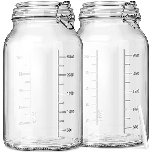 1 Gallon Super Wide Mouth Glass Storage Jars with Airtight Lids and 2 Measurement Marks, Leak Proof Glass Container with Hinged Lids, Large Pickle Jars with Labels and Silicone Gasket, 2 Pack