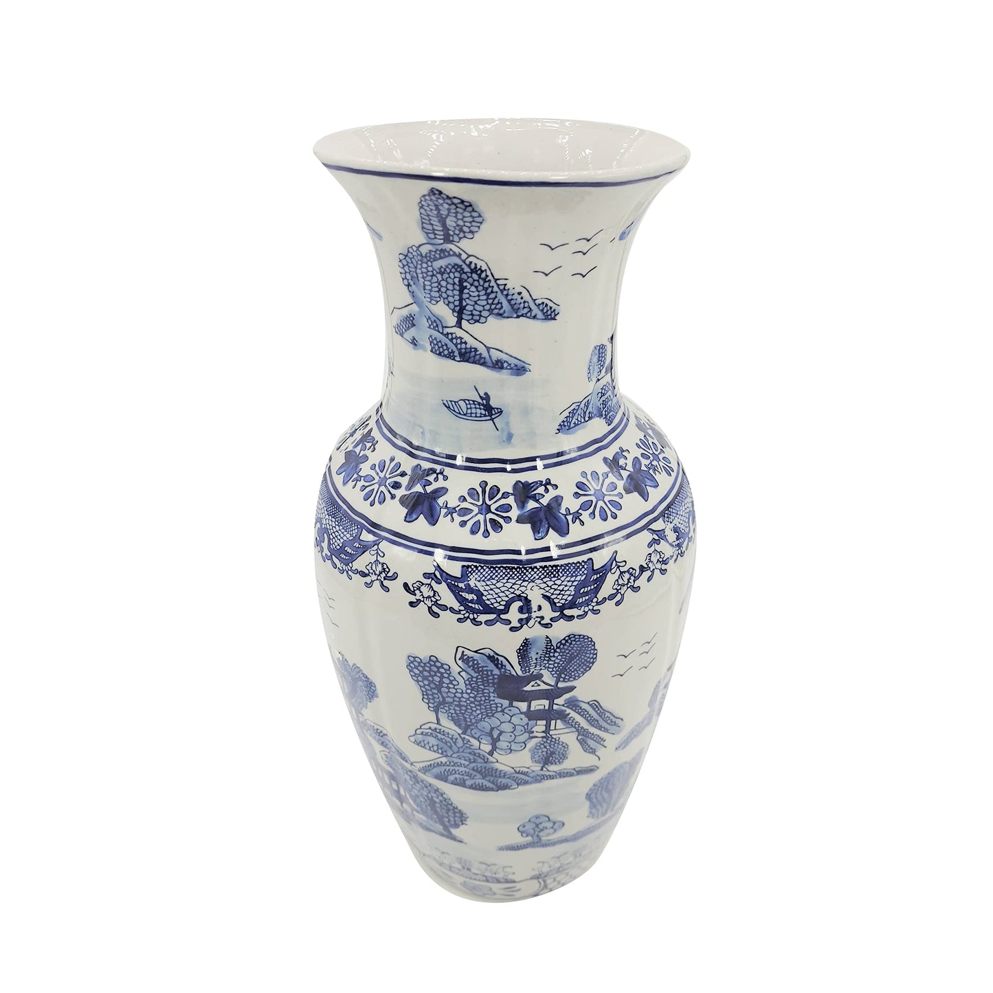 Galt International 18" Blue and White Fishtail Style Ceramic Porcelain Vase Classic Temple Landscape Design