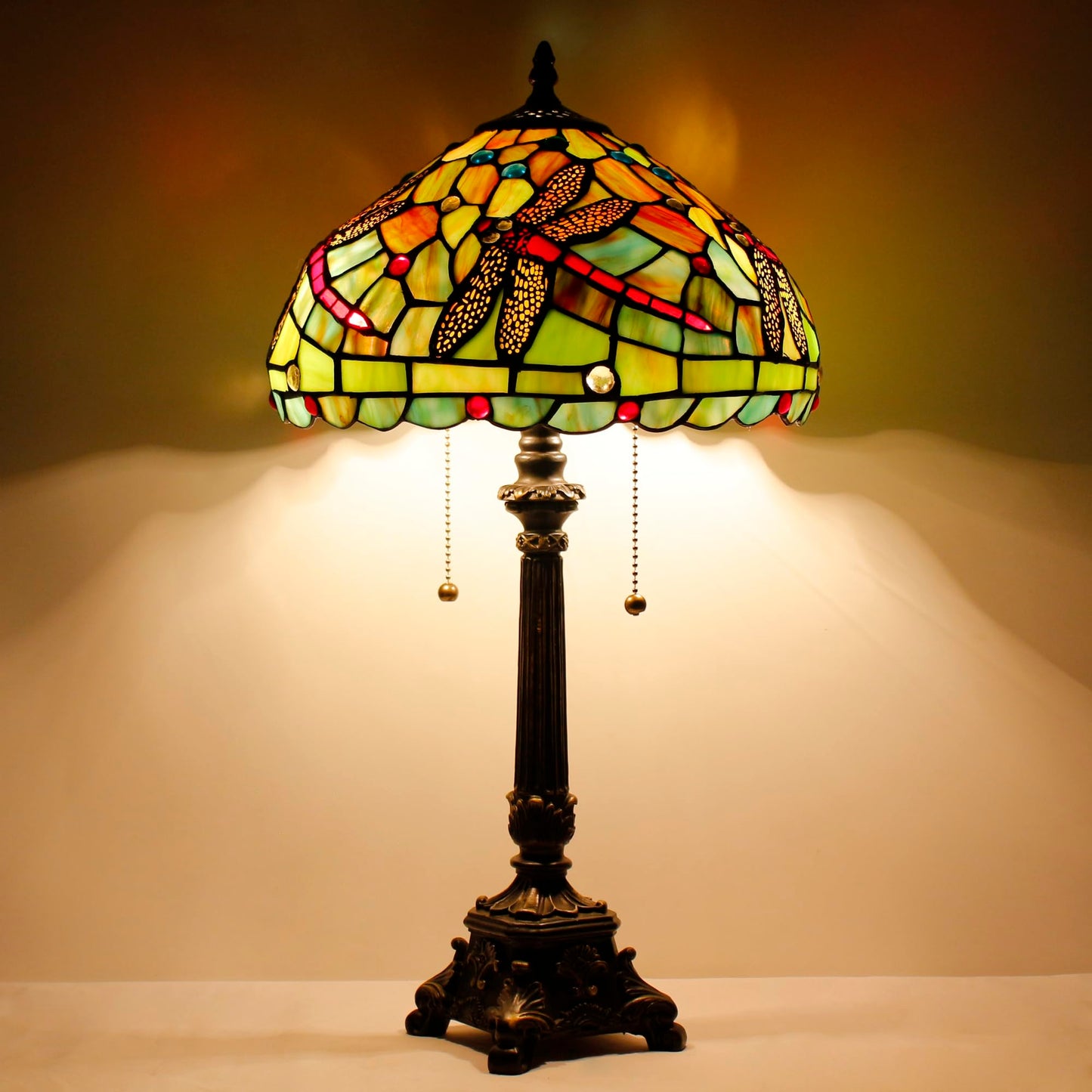 L-Juicwe Tiffany Table Lamp Green Red Stained Glass Desk Lamp 12X12X21 Inches Dragonfly Style Reading Light