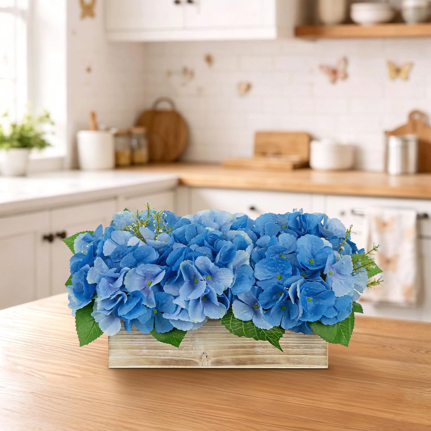 Blue Hydrangea Artificial Flowers Arrangement in Wooden Planter Pot, Fake Hydrangea Flowers with Rectangular Box Vase, Silk Floral Centerpiece for Dining Room, Coffee Table, Kitchen, Windowsill Decor