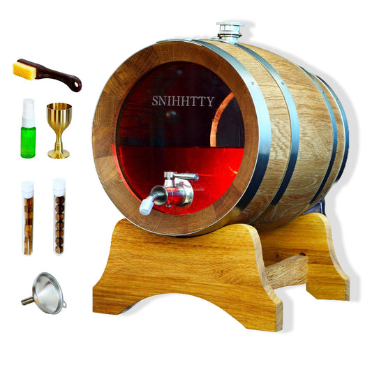 1.5 Liter Visualized Oak Aging Barrel with Stand, Bung & Spigot, Wooden Mini Whiskey Barrel - Charred Oak Barrels for Aging Brandy, Bourbon, Cocktails, Rum, Tequila, Mead Wine, Gin