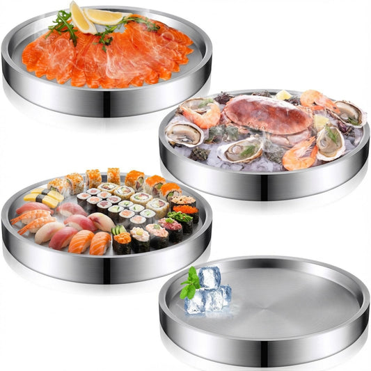 LemonRoad 4 Pcs 11 Inch Shrimp Cocktail Serving Dish Chilled Serving Trays Cold Tray for Halloween Parties Buffets Multiple Guests, Stainless Steel Ice Tray for Chilled Dip(Silver)