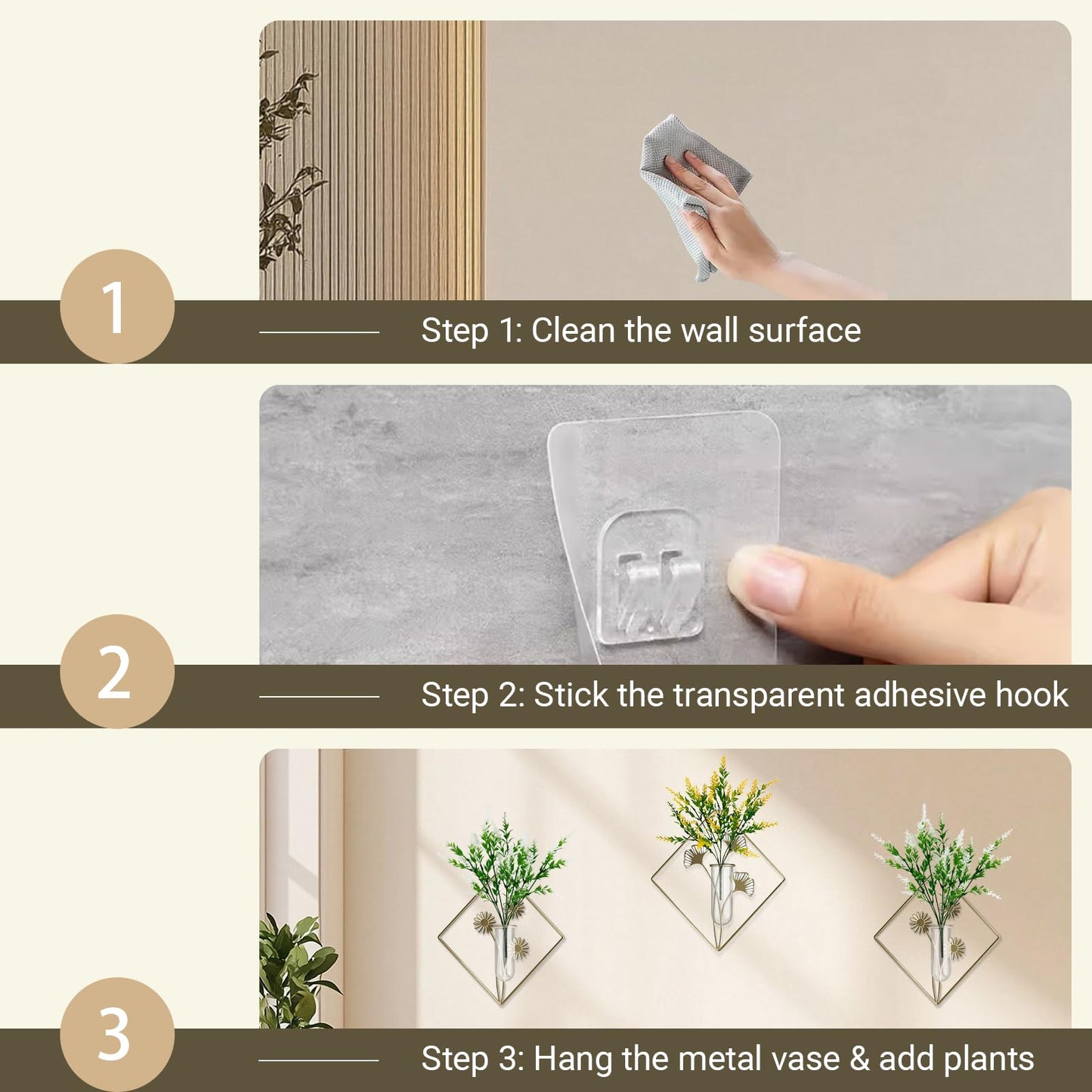 AZY 2 Pack Metal Wall Vase Set – Modern Farmhouse Wall Decor for Living Room, Bathroom & Bedroom, No-Drill Hanging Wall Planters with Artificial Plants, Boho Wall Decor & Minimalist Metal Art